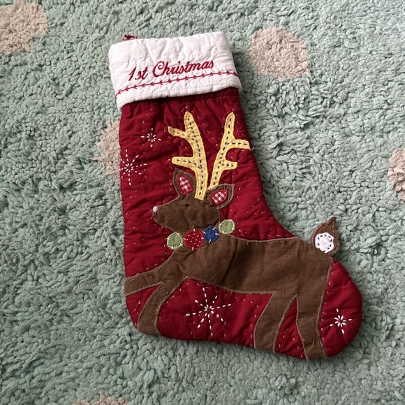 POTTERY BARN KIDS Quilted Bab First 1st CHRISTMAS STOCKING Reindeer Red Gingham - Picture 1 of 8